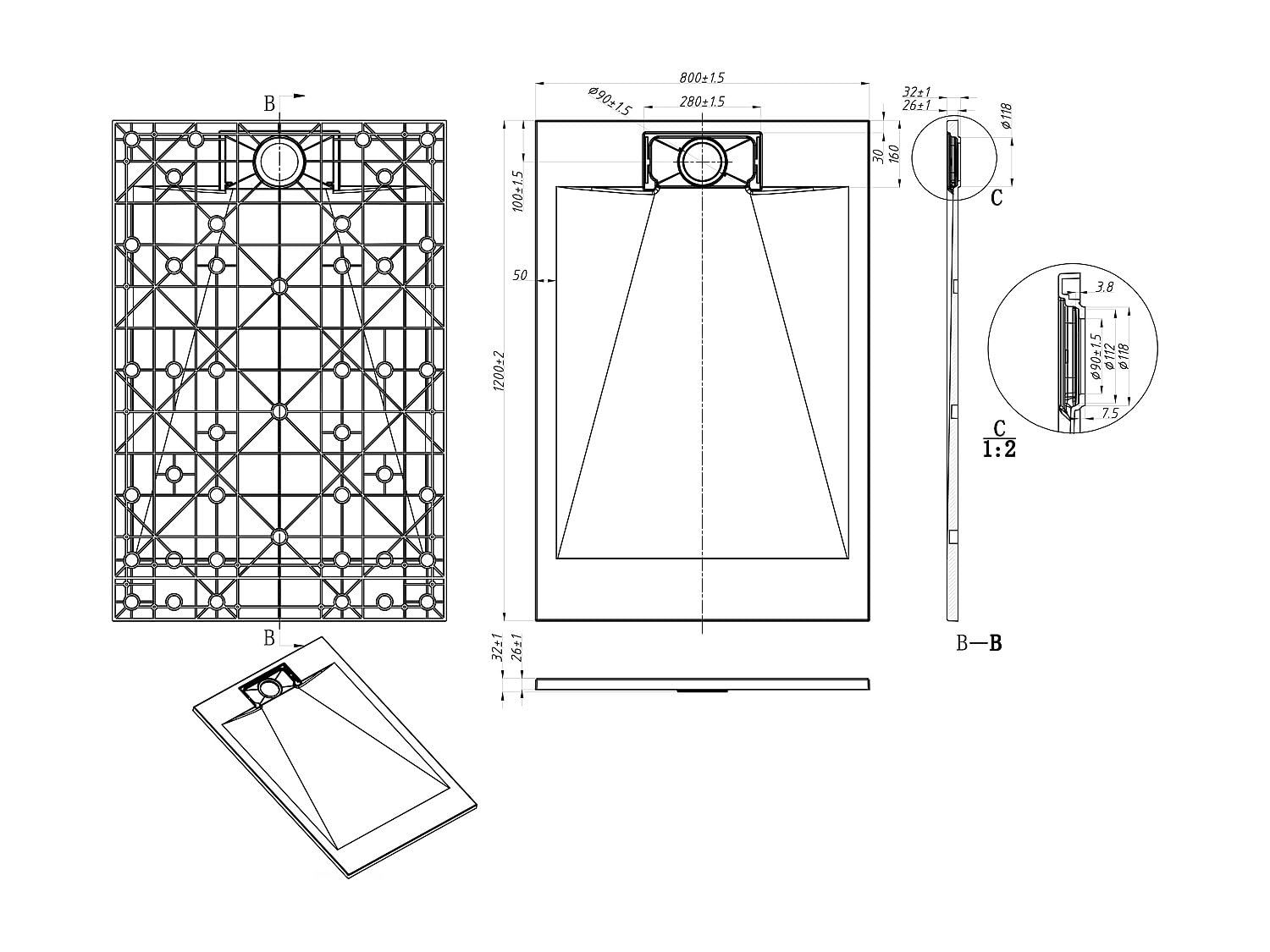Vente-unique - Receveur extra-plat à poser ou à encastrer recoupable en résine SMC - Blanc mat - 120 x 80 cm - TARPOSA