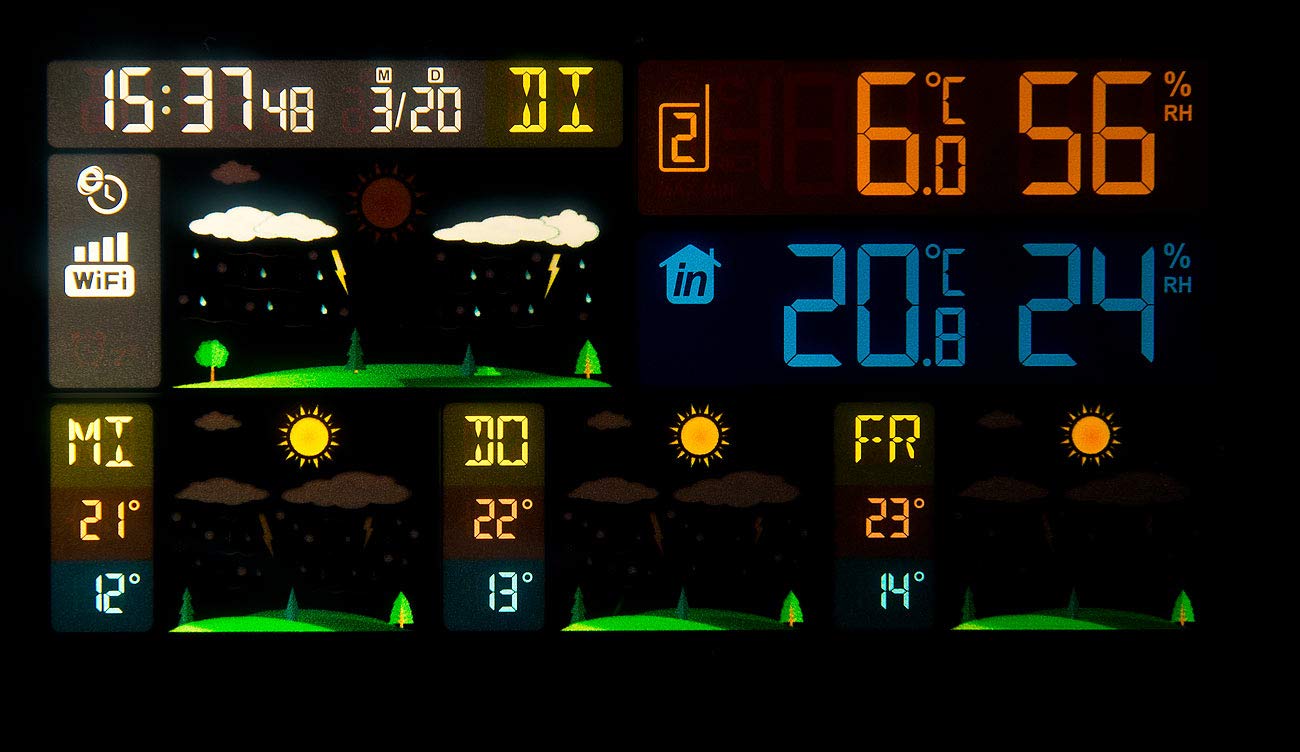 infactory WLAN Thermometer Outdoor: WLAN-Funk-Wetterstation mit 3 Außensensoren, Farbdisplay, Uhr und App (Thermometer Gewächshaus, Temperatursensor außen, iPad)