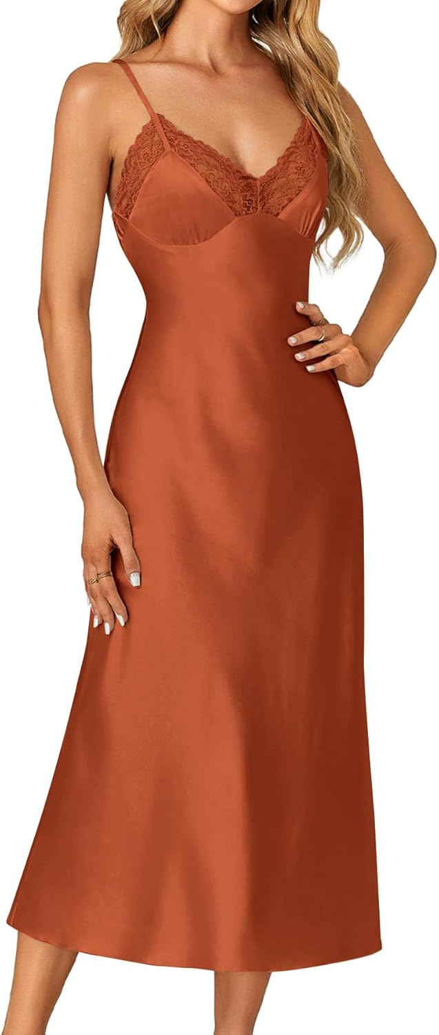 OPOIPIN Women's Satin V Neck Lace Trim Spaghetti Straps Sleeveless Chemise Lingerie Nightdress Nightgown - Image 4