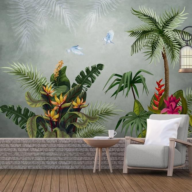 Peinture murale fleurs oiseaux pour agrandir visuellement un salon
