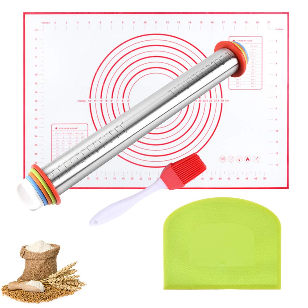 Kit mattarello, mattarello in Acciaio Inossidabile con Spessore e segni di misurazione Regolabili,Lunghezza 43,5 cm, con tampone in Silicone, Raschietto e Pennello in Silicone