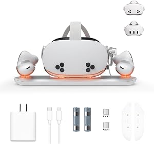 Charging Dock for Meta Quest 3S/Quest 3 with USB-C Charger, VR Magnetic Charging Station for Oculus Quest 3S with LED Indicator, 2 Rechargeable Batteries and Cable