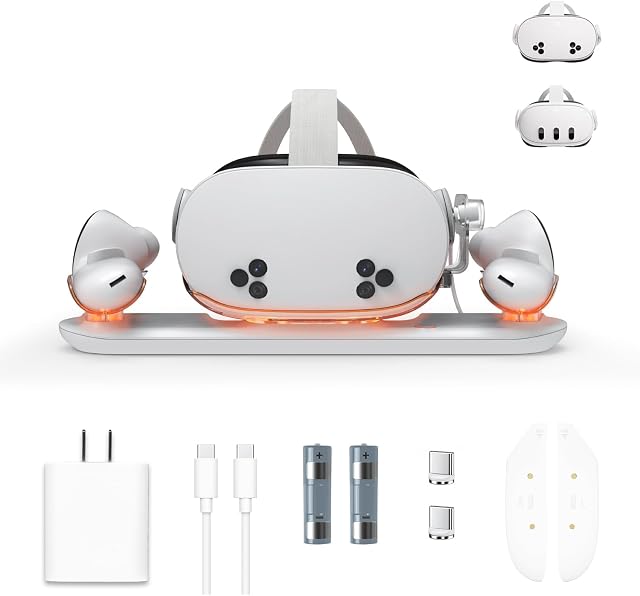 Charger le quai pour Meta Quest 3S/Quest 3 avec USB-C Chargeur, VR Station de recharge magnétique pour Oculus Quest 3S avec LED Indicateur 2 Batteries et câbles rechargeables