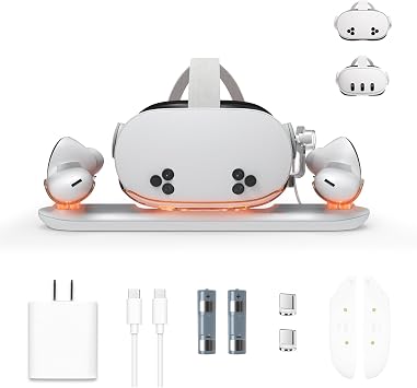 Charging Dock for Meta Quest 3S/3 with USB-C Charger, VR Magnetic Charging Station for Oculus 3 S with LED Indicator, 2 Rechargeable Batteries and Cable Quest 3S with Adapter