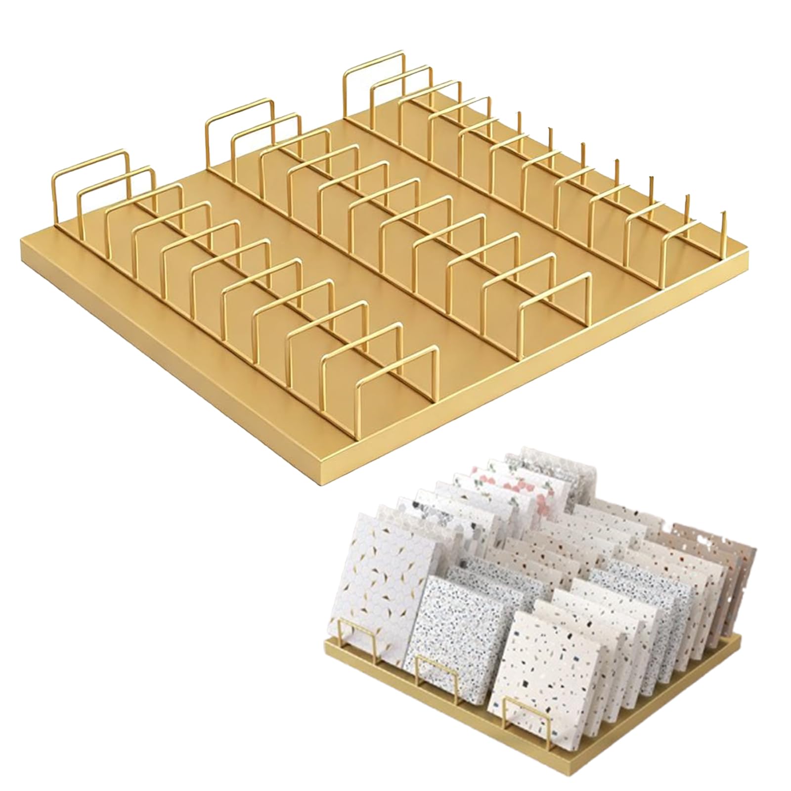 YNBSHGAA 30 Slots Tile Display Rack, Commercial Desktop Marble Sample Stand for Store, Exhibition, White,Gold