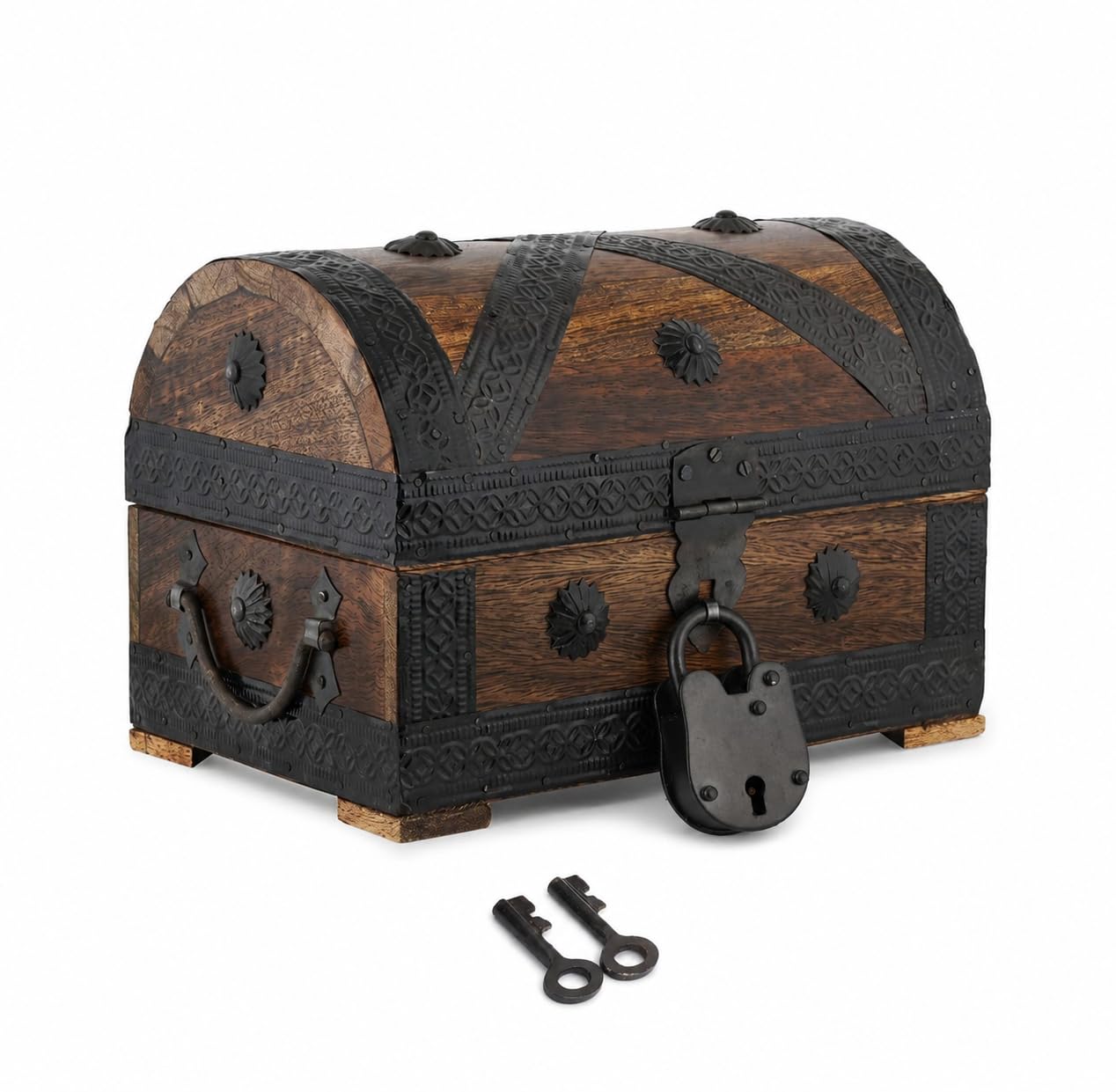 Ajuny Wooden Treasure Chest Jewellery Box with Lock and Key 9x6 Inch, Pirate Chest Mango Wood Keepsake Trinket Storage Case Holder, Vintage Shell Strip Decor Gift