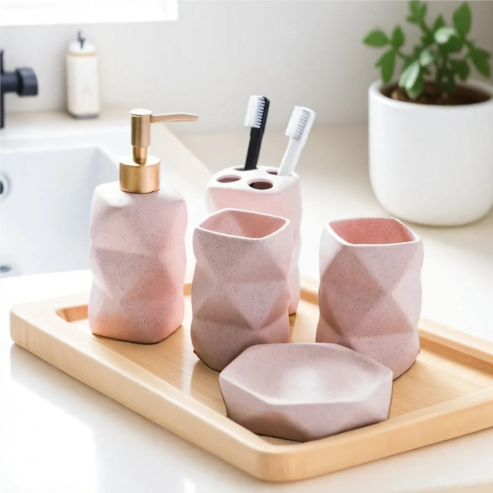 Jabonera Baño Juego de 4 Piezas cerámica for baño, Suministros, Adornos, Enjuague bucal, Cepillo Dientes, Taza, Accesorios(Pink 4-Piece Set)