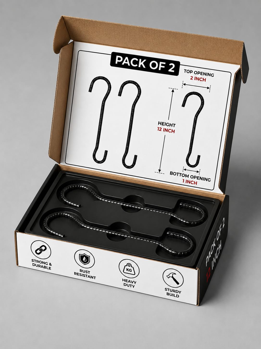 10mm Iron havy Duty S Hooks 12 Inch Carbon Steel Black Hanger Pack of 2 | 300 kg Load Capacity, Rust Resistant Coating, Ribbed Grip Design, Multi-Purpose Use, No Tools Needed-image-31