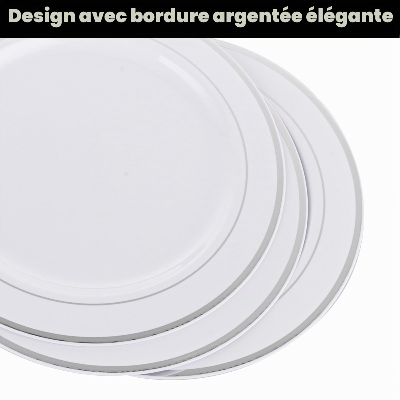 SENENQU Lot de 40 assiettes en plastique réutilisables de 26 cm avec bord argenté - Assiettes à dîner en plastique incassable pour mariage, fête d'anniversaire, restauration