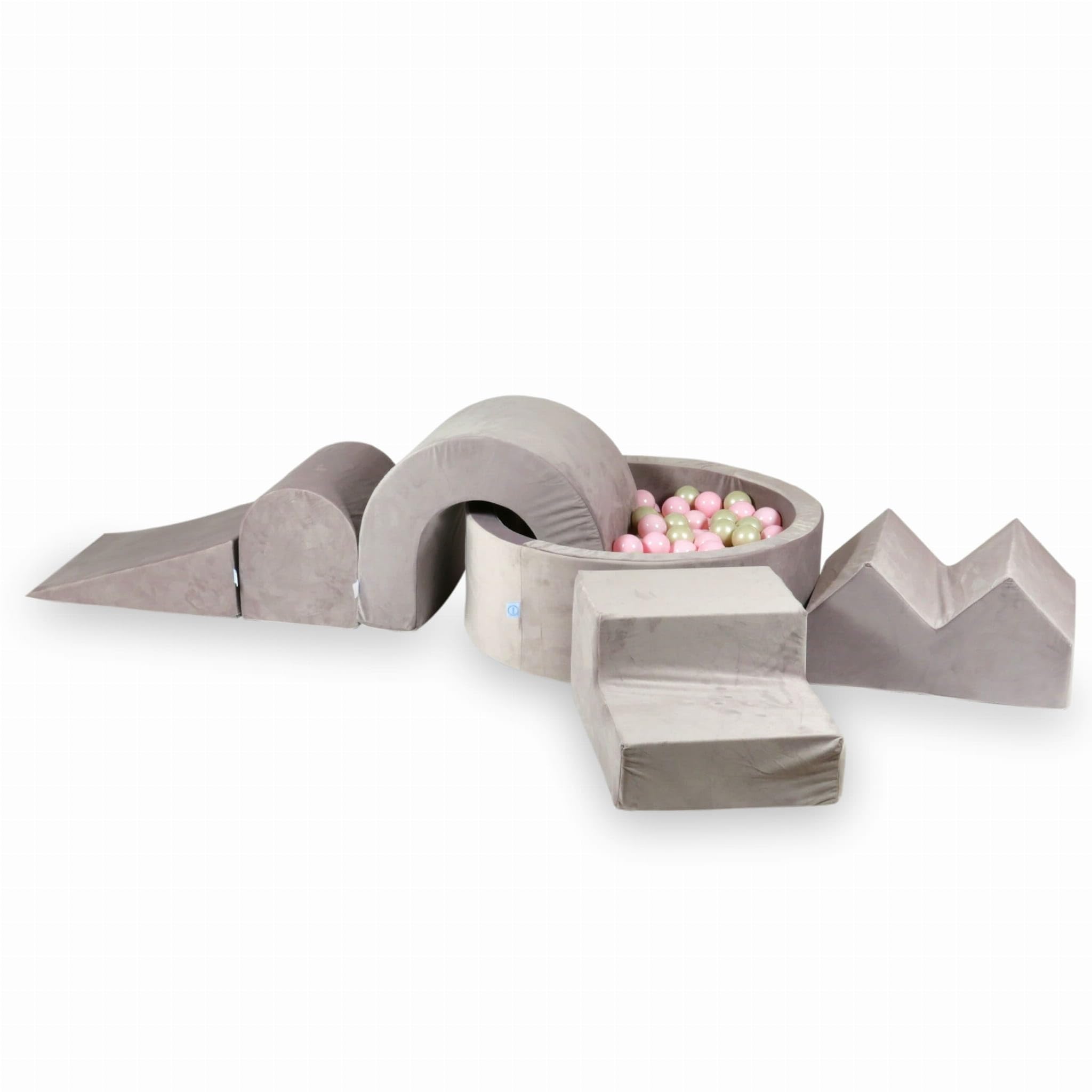 Mimii Parco giochi in schiuma con piscina di palline rotonda, 90 x 30 cm, velluto lilla, grandi mattoncini da costruzione per gattonare e arrampicarsi (200 palline: rosa chiaro/oro chiaro)