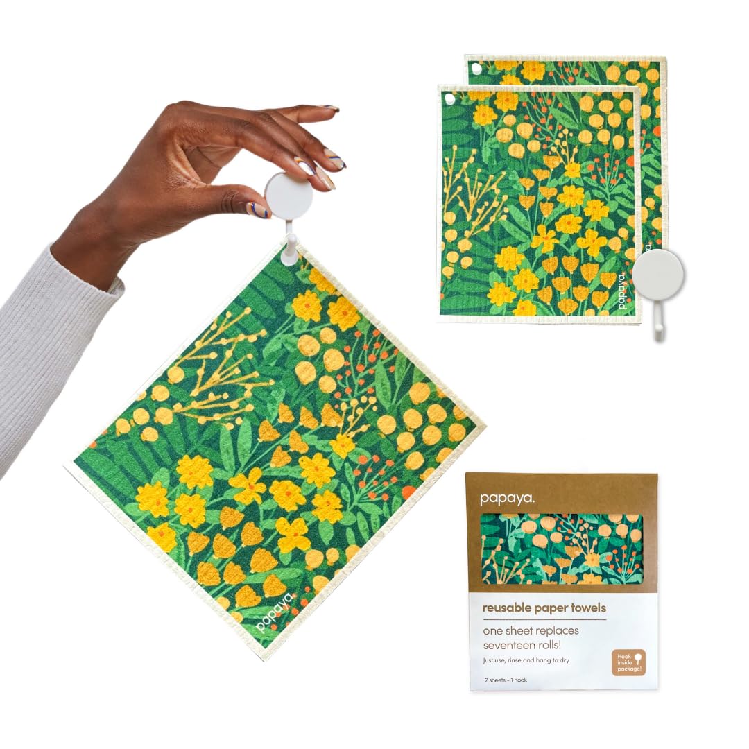 Papaya Reusable Paper Towels, Premium Swedish Dishcloths with Hook, Non-Scratch Reusable Paper Towel, 1 Sheet Replaces 17 Rolls - 2 Sheets, 1 Hook