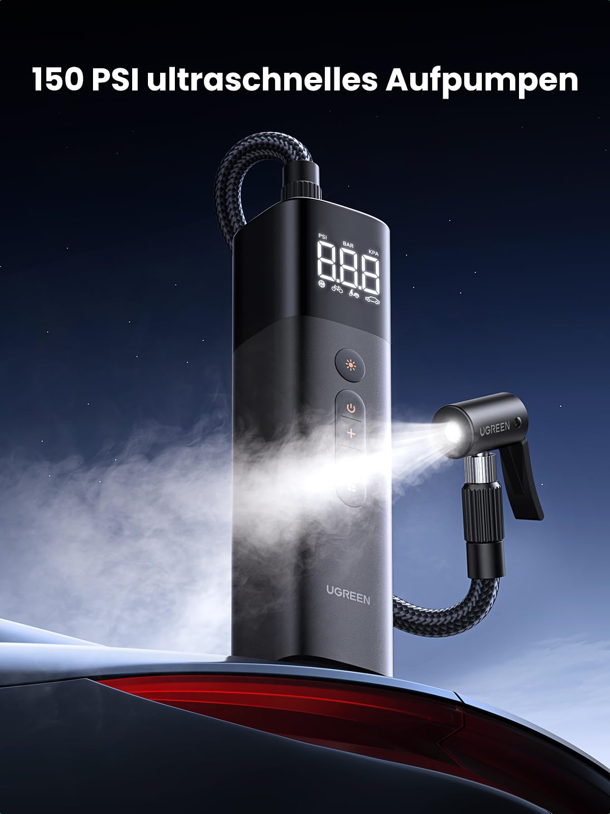 UGREEN Luftpumpe mit Zigarettenanzünder (0.2-10.3bar / 3-150psi )Elektrischer Kompressor Tragbar Fahrradpumpe Mini Reifenpumpe mit Digital LED Anzeige LED Licht für alle Fahrräder Motorräder und Autos
