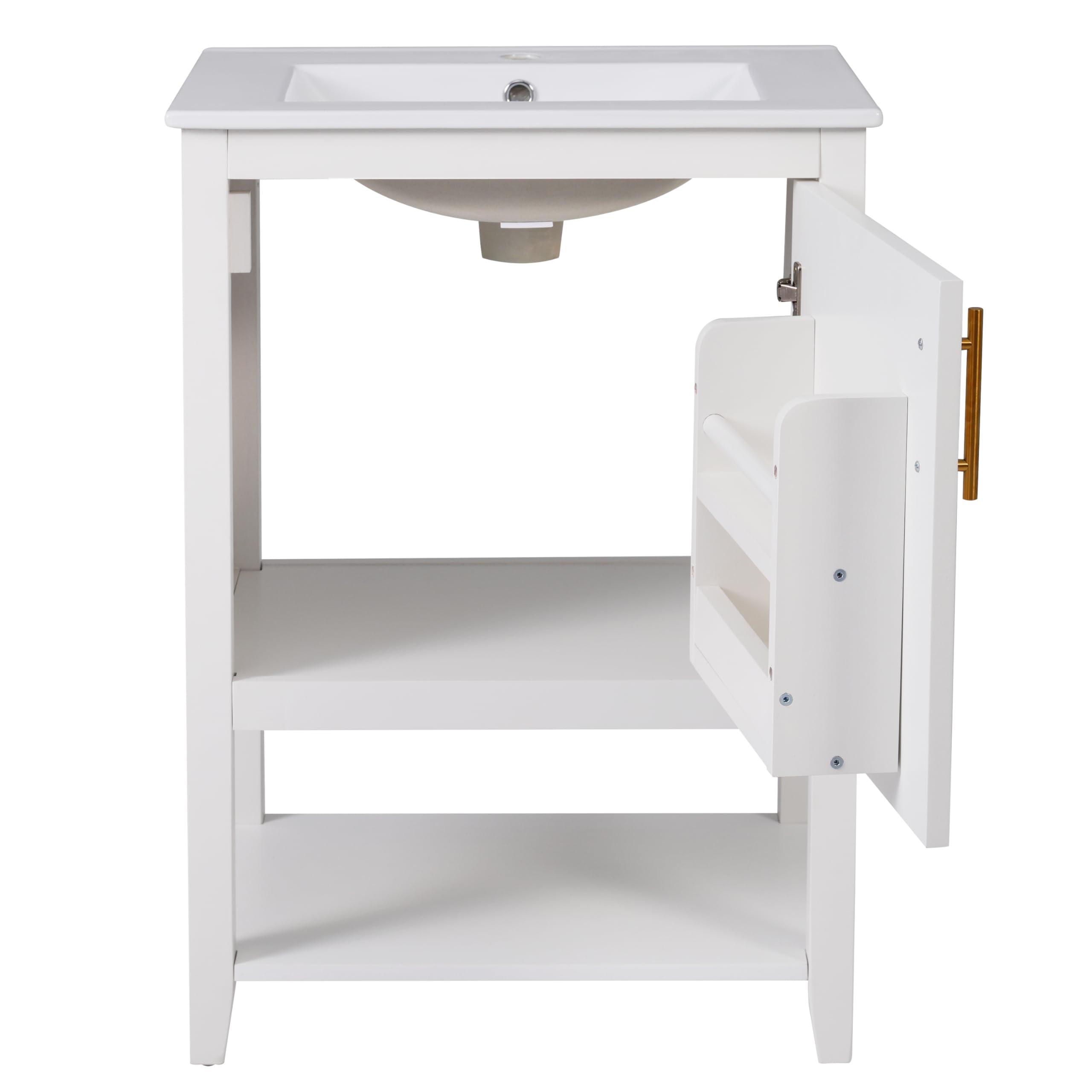 Lexiou Mueble de baño individual para lavabo de 60 cm con lavabo de cerámica, con estante (blanco)