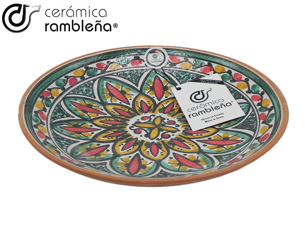 CERÁMICA RAMBLEÑA | Plato decorativo para colgar en pared | Plato de cerámica | Rojo-Verde-Amarillo | 100% Hecho a mano | 27x27x4.5 cm