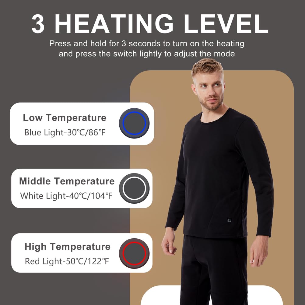 Chemise Et Pantalon De sous-Vêtements Chauffants, Couche De Base Thermique Électrique pour Hommes Ensemble Long John Chauffant pour Moto, Ski, Camping