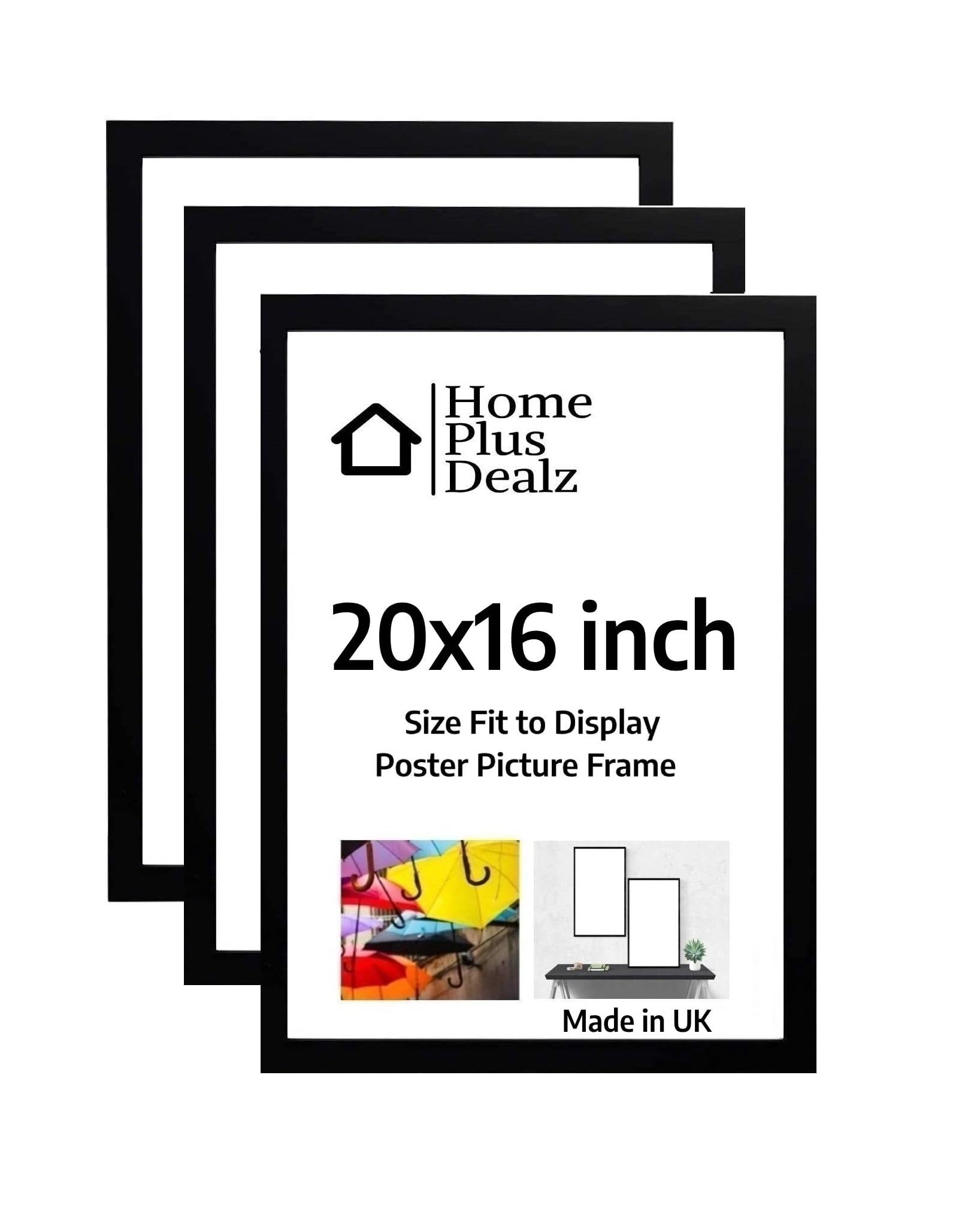 Home Plus Dealz Ltd Picture Frames 20x16'' (Set of 3) Decorative Wall Photo Frames in MDF with Clear Aclyric Glass - Black Matte Poster Frame
