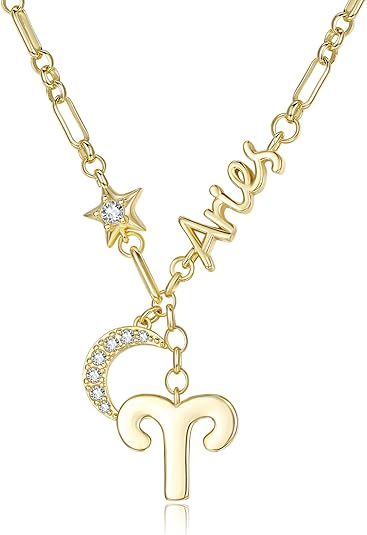 14K Gold Zodiac Necklace for Women - Horoscope Constellation Pendant with Moon and Star, Luxury Birthday Gifts Jewelry for Her (12 Zodiac Signs)