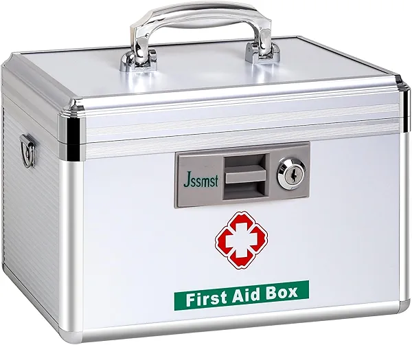 Jssmst Medication Lock Box with Key, Medicine Lock Box for Medication Storage, First Aid Box Locked Medicine Case, Key Safe Locking Box for Drugs Use, 12 x 7.4 x 8.1 inches, Silver