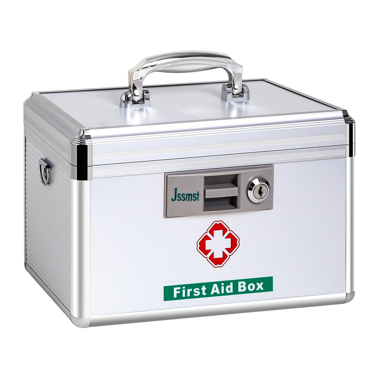 Jssmst Medication Lock Box with Key, Medicine Lock Box for Medication Storage, First Aid Box Locked Medicine Case, Key Safe Locking Box for Drugs Use, 12 x 7.4 x 8.1 inches, Silver