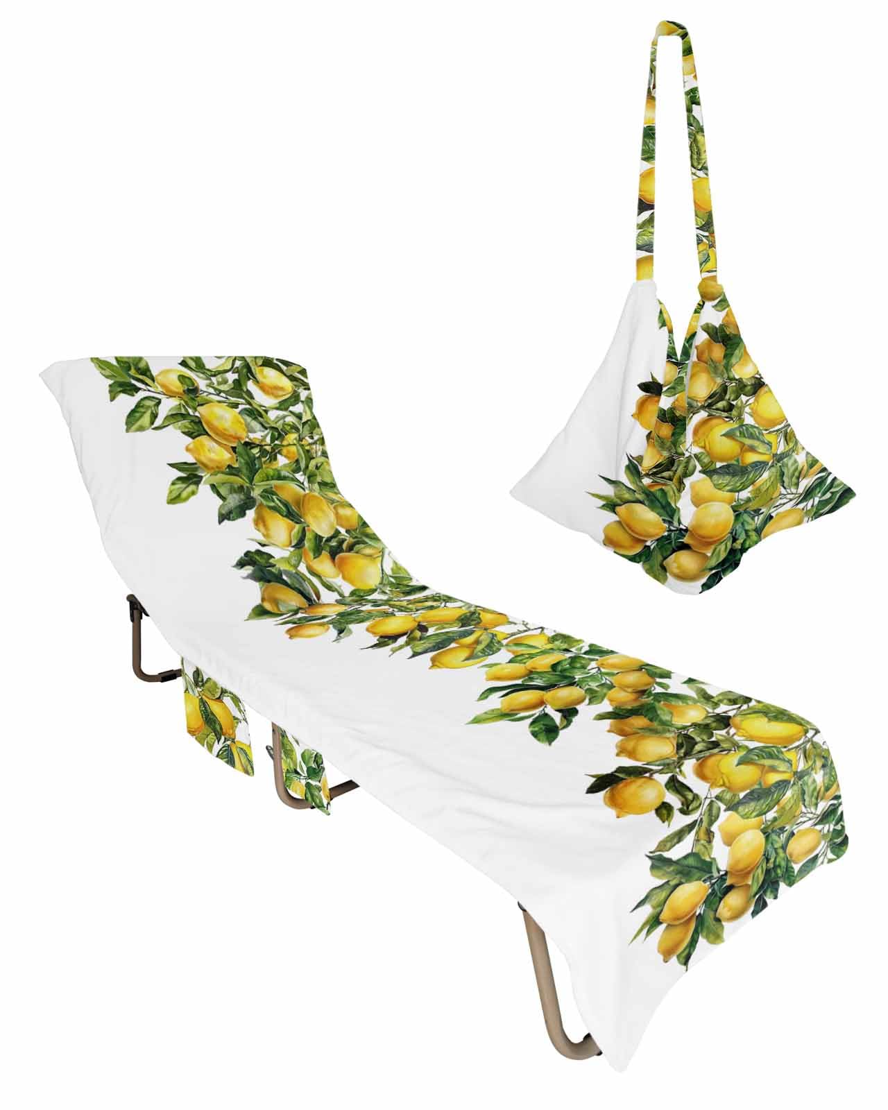 Beach Pool Patio Lounge Chaise Chair Cover Towel with Pockets,Green Lemon Absorbent & Quick Dry Microfiber Towel Cover Bag Summer Travel Accessories Watercolor Trpical Summer Fruit White