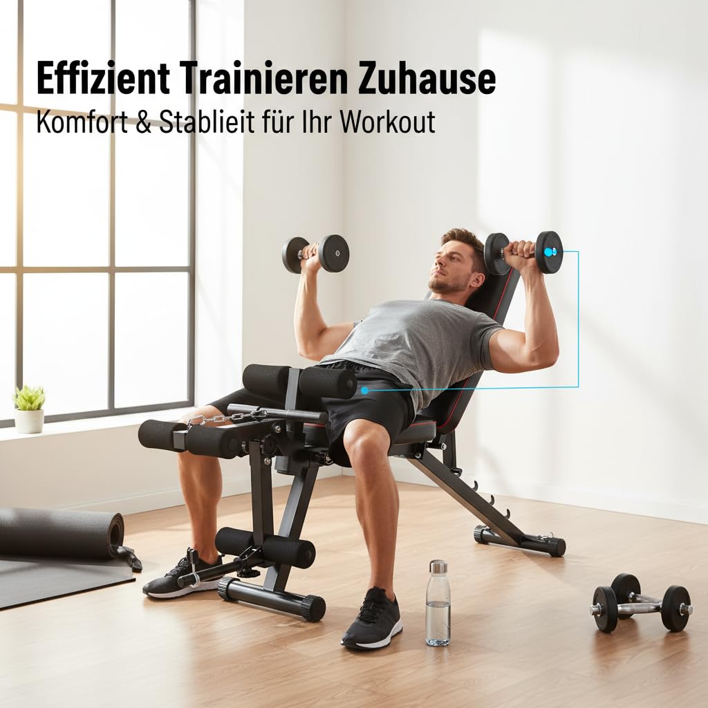 Verstellbare Hantelbank mit Beincurler & Beinstrecker | All in One Trainingsbank für das Home Gym | Schrägbank & Flachbank für Ganzkörper-Krafttraining