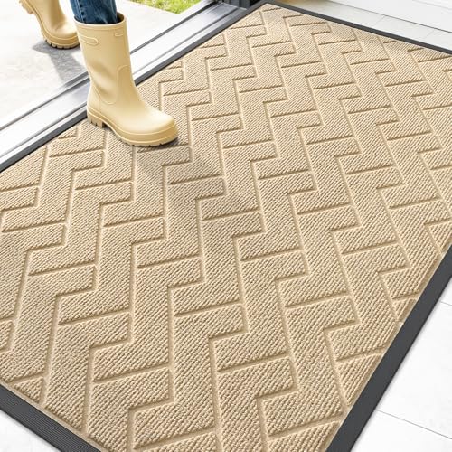 Image of OLANLY Front Door Mat Indoor Outdoor Entrance, Waterproof All-Season, All-Weather Doormat, Sturdy Natural Rubber, Low Profile, Easy Clean Patio Porch Entryway Mat, Herringbone Brick (Beige, 47x32)