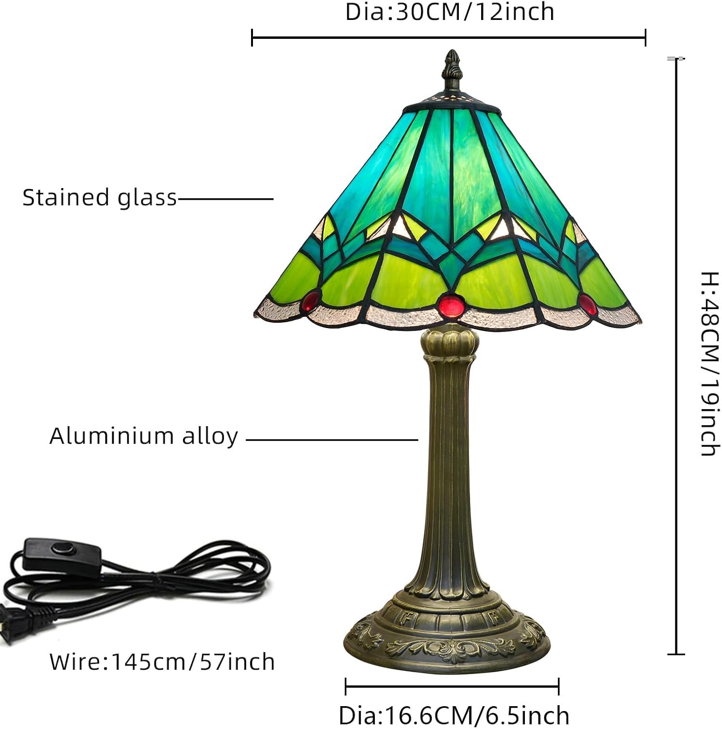 Green Tiffany Lamp Retro Rural Style Farmhouse Teal Bedroom Bedside Reading Light Living Room Hotel Bar Home Decor 12x19 Inch E26 Nightstand Unique Colored Bronze Metal Base Stainred Glass Table Lamp