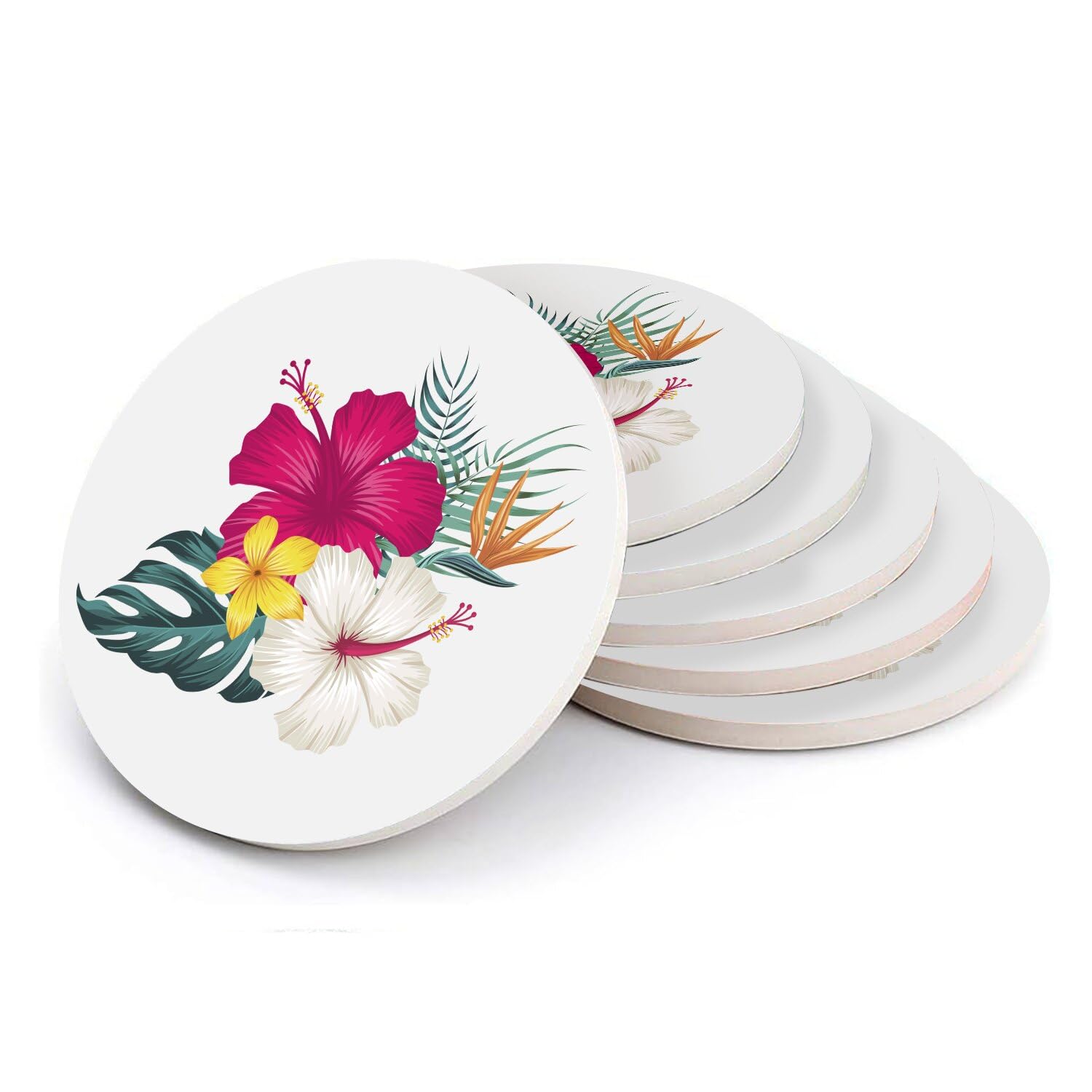 Sous-verre ronds en céramique 108mm lot de 6 fleurs jungle
