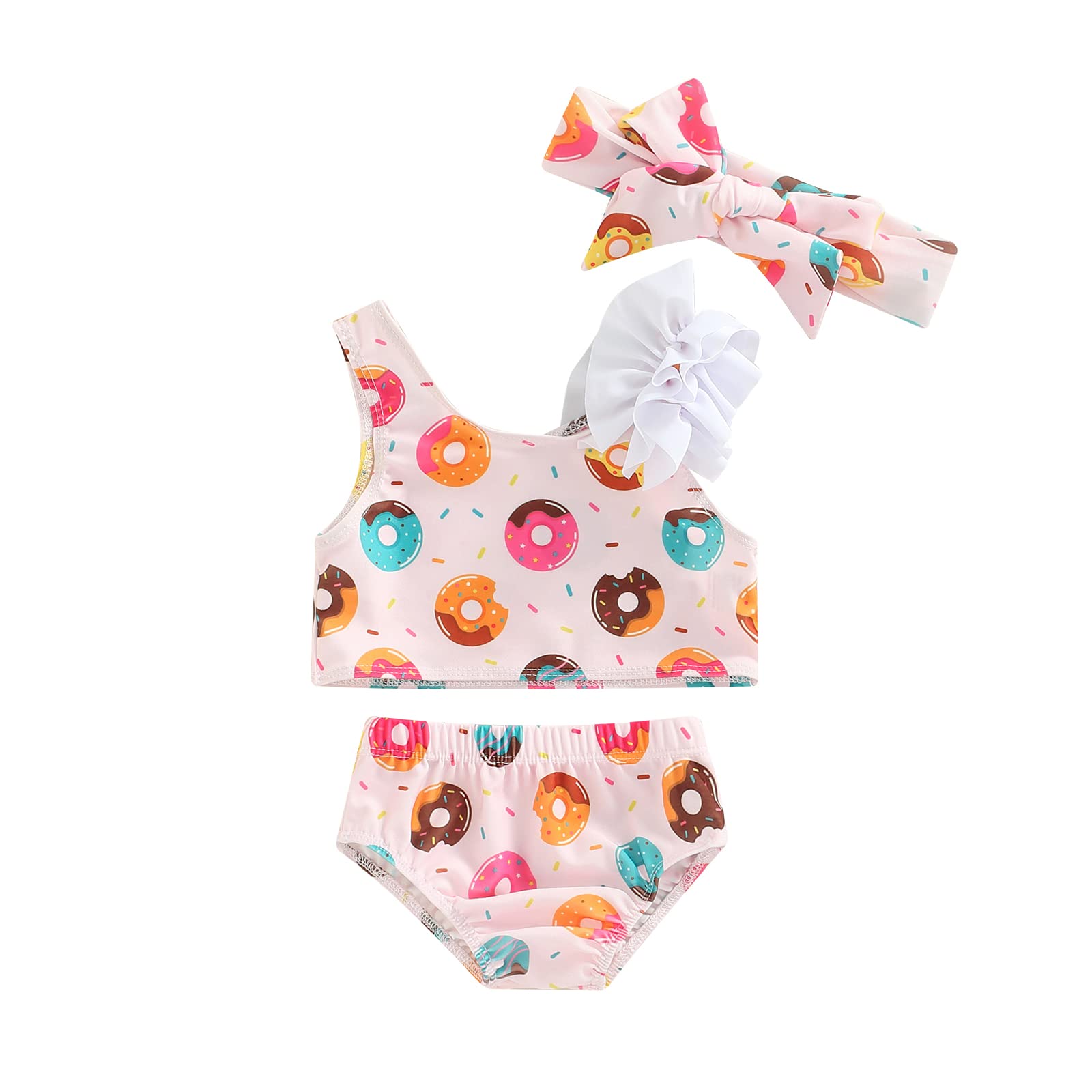 3-Piece Toddlers Girls Swimwear, Doughnut Print Asymmetric Strappy Tops + Pantie + Headband Swimsuit, 6 Months to 3 Years (White, 18-24 Months)