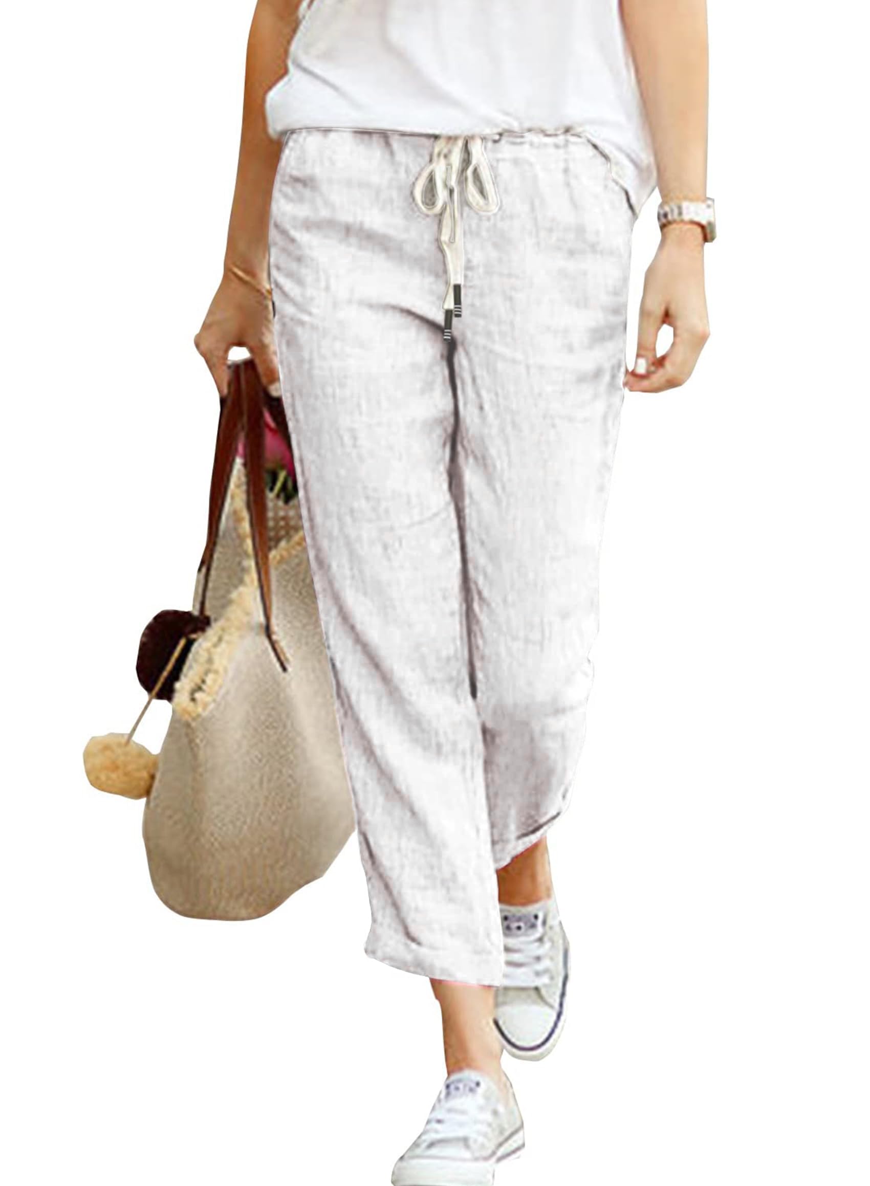 Cegerne Pantaloni in Lino Donna 7/8 Estivi Leggeri e Traspiranti Vita Elastico con Tasche Casual per Spiaggia Vacanze e Tempo Libero
