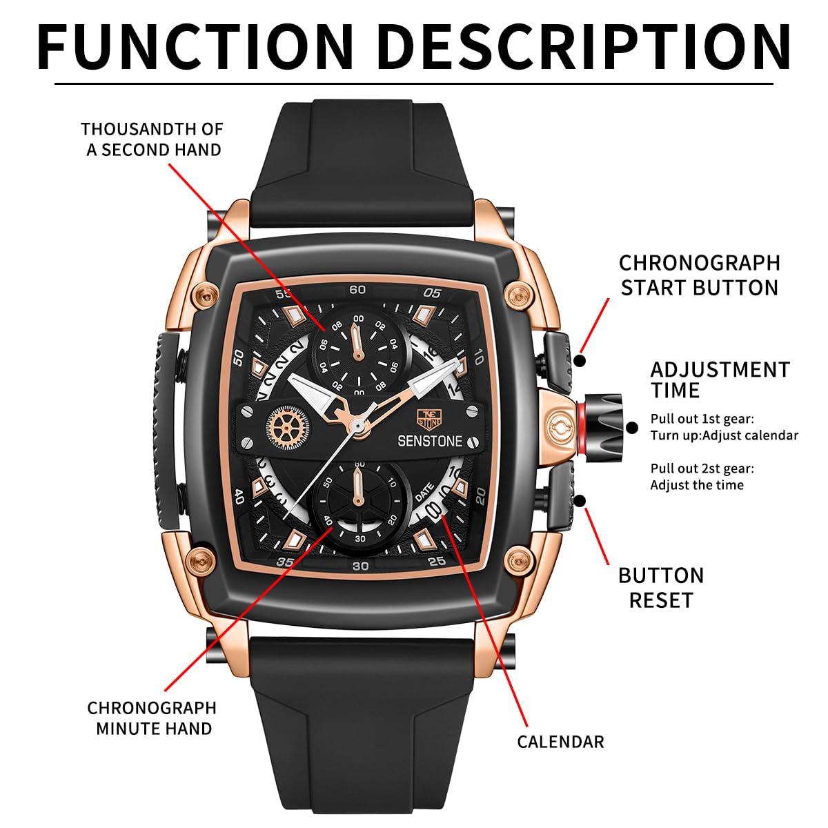 senstone Mens Watch Square Fashion Sports Multifunction Chronograph Quartz Analog Wristwatch Gift for Men Rubber Band Silicone Strap Watches - Rose Gold