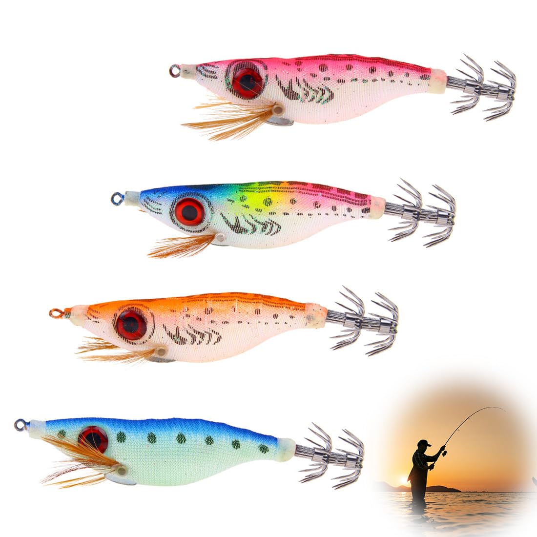 4 Piezas Artificial Calamar Señuelos para Pesca, Señuelo de Pulpo, Camarón, Gamba de Madera, Cebo, Anzuelo Duro, Kit de Señuelo de Pesca,Señuelos de Pesca de Mar de Hundimiento Profundo