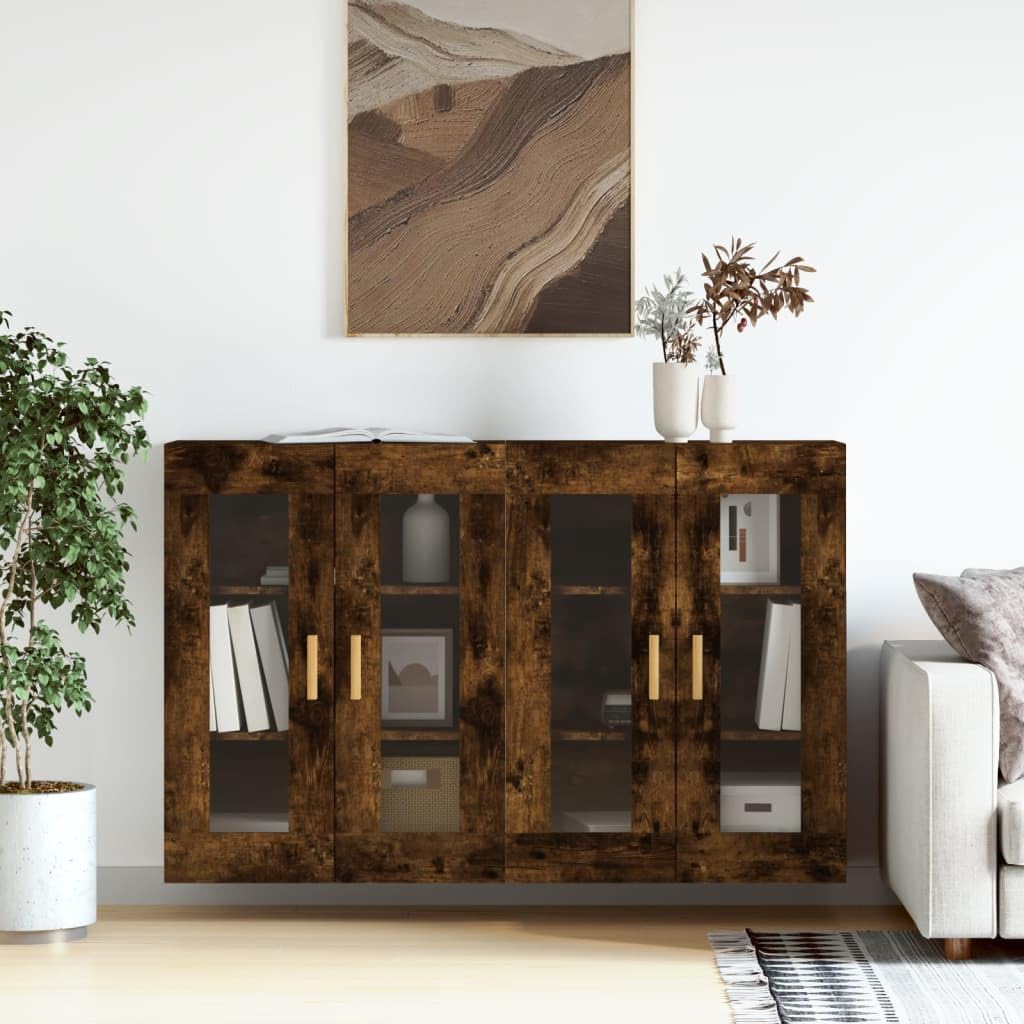 Armadietti a Parete 2 pz Rovere Fumo Legno Multistrato e Vetro | Set da 2 pensili con anta in vetro trasparente per organizzare stoviglie e oggetti in soggiorno o cucina.