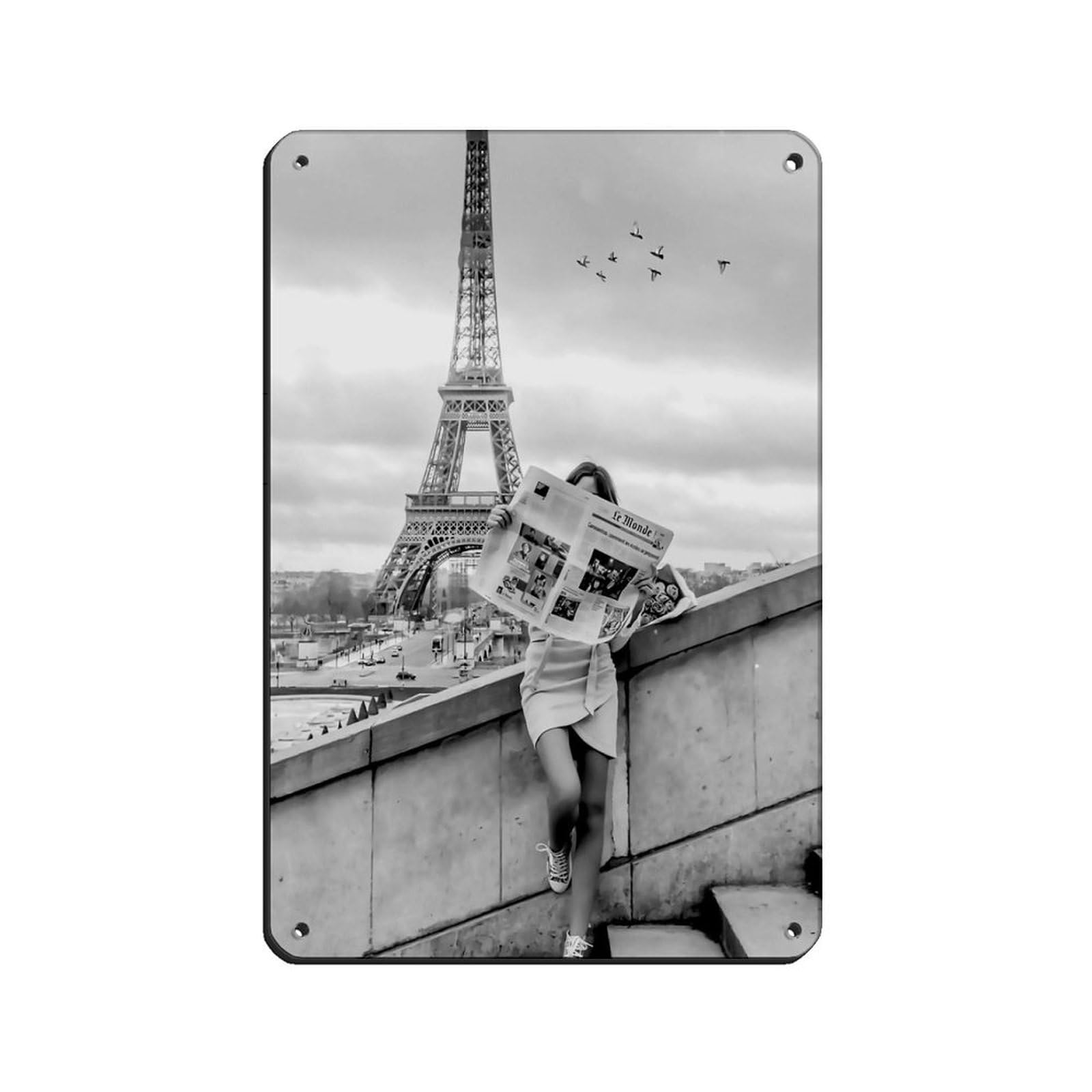 Woman Reading Newspaper at Eiffel Tower Retro Poster Metal Tin Sign Chic Art Retro Iron Painting Bar People Cave Cafe Family Garage Poster Wall Decoration 8x12inch(20x30cm)