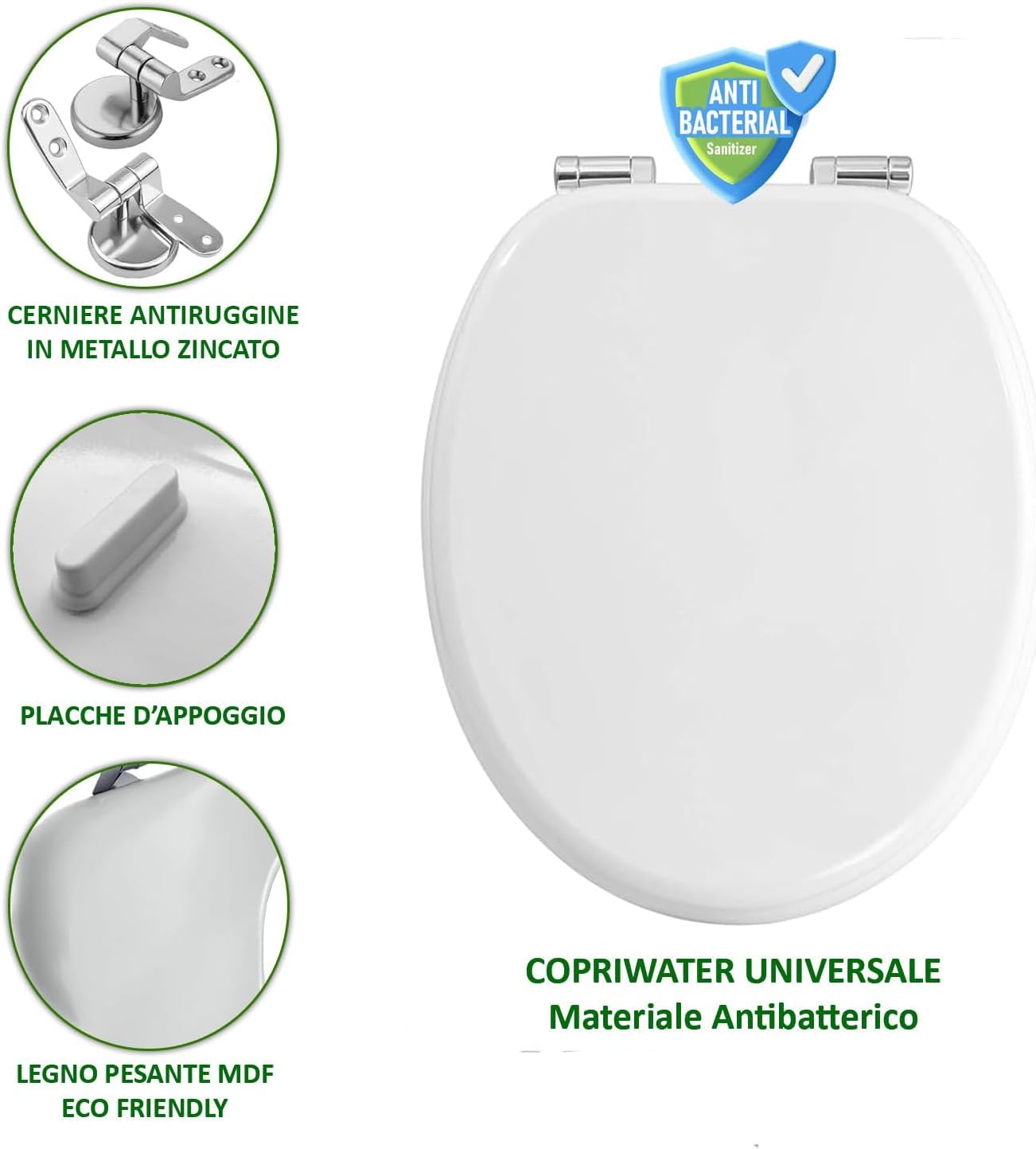 Copriwater Universale Copri Tavoletta WC per Bagno in Legno pesante MDF con Cerniere Antiruggine in Lega di Zinco Design Moderno Dimensione 45x36cm Bianco