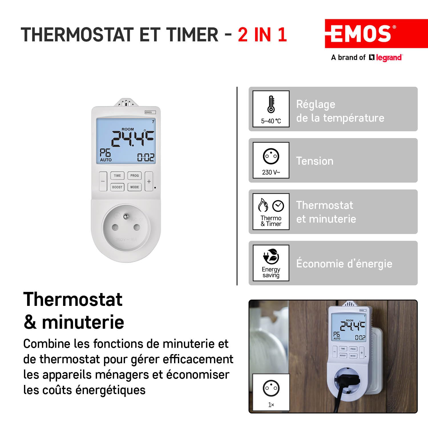 EMOS 2en1 Thermostat de prise et minuterie, régulateur de température ambiante numérique et prise de courant minuterie pour chauffage et refroidissement, radiateur, chauffage infrarouge, aquarium