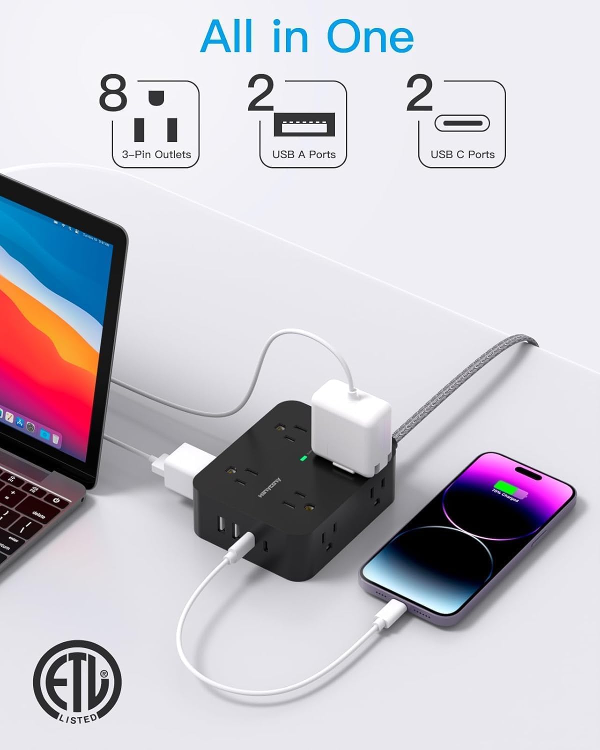 Power Bar Surge Protector, 8 Outlets with 4 USB Charging Ports(2 USB C), 3 Side Outlet Extender with 5 Ft Braided Extension Cord, Flat Plug, Wall Mount, Desk Charging Station for Office Home - 4