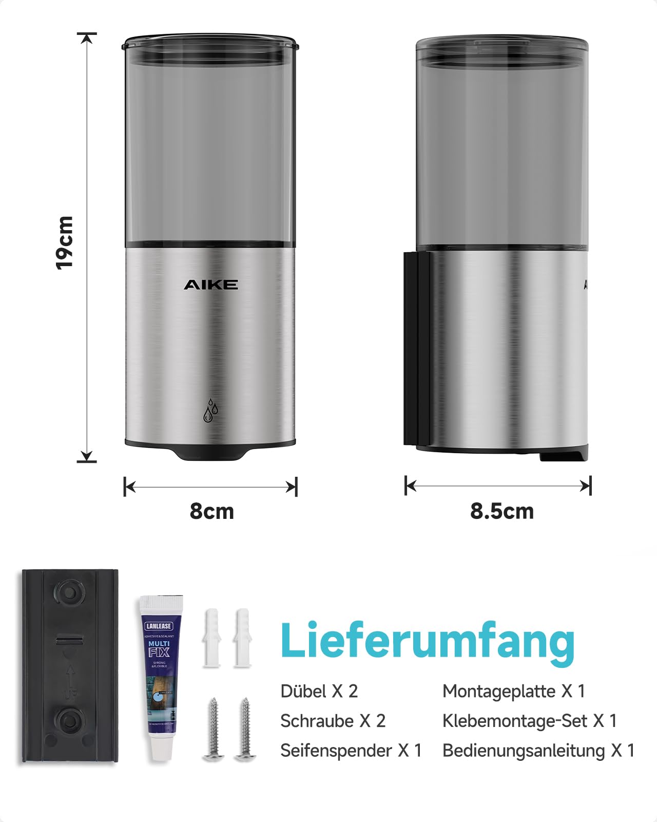 AIKE Automatischer Seifenspender für Flüssigseife, Wandmontage für Küche und Badezimmer, IPX7 Wasserdicht 400ml mit Edelstahl Gebürstetes