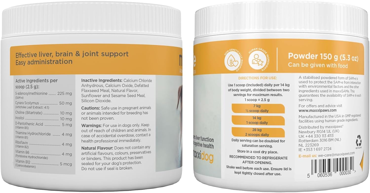 maxxipaws maxxiSAMe Fortschrittliches SAM-e Pulver zur Unterstützung von Leber, Gehirn und Gelenken für Hunde, 150g