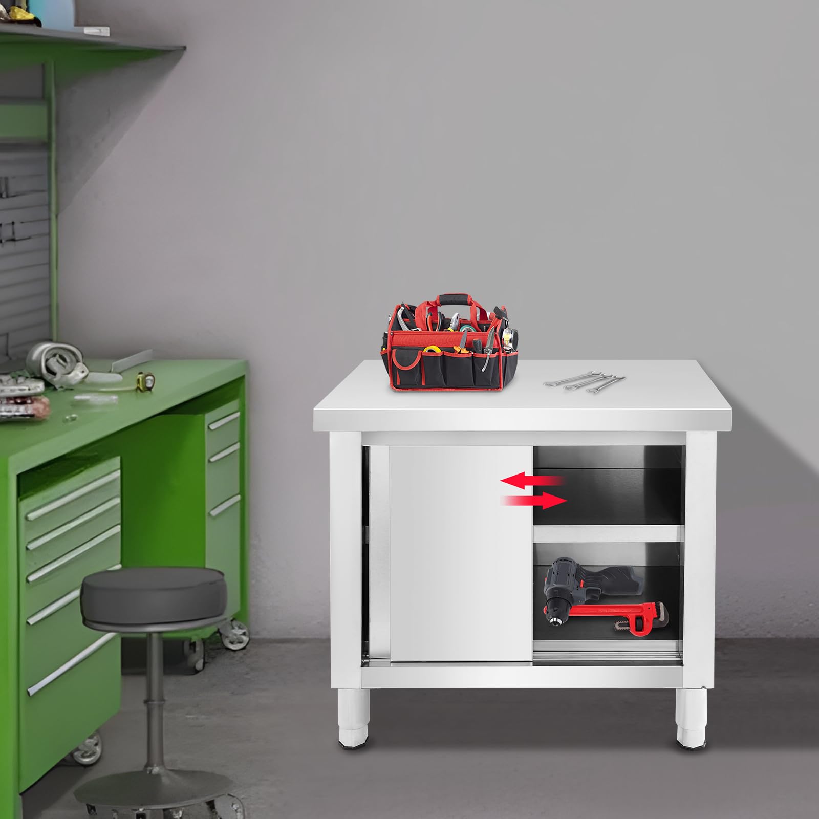armadio in acciaio inox con ante scorrevoli, tavolo da cucina in acciaio inox per uso esterno, tavolo da lavoro indipendente per cucina da ristorante, garage e cucina (80 * 50 * 80 cm)