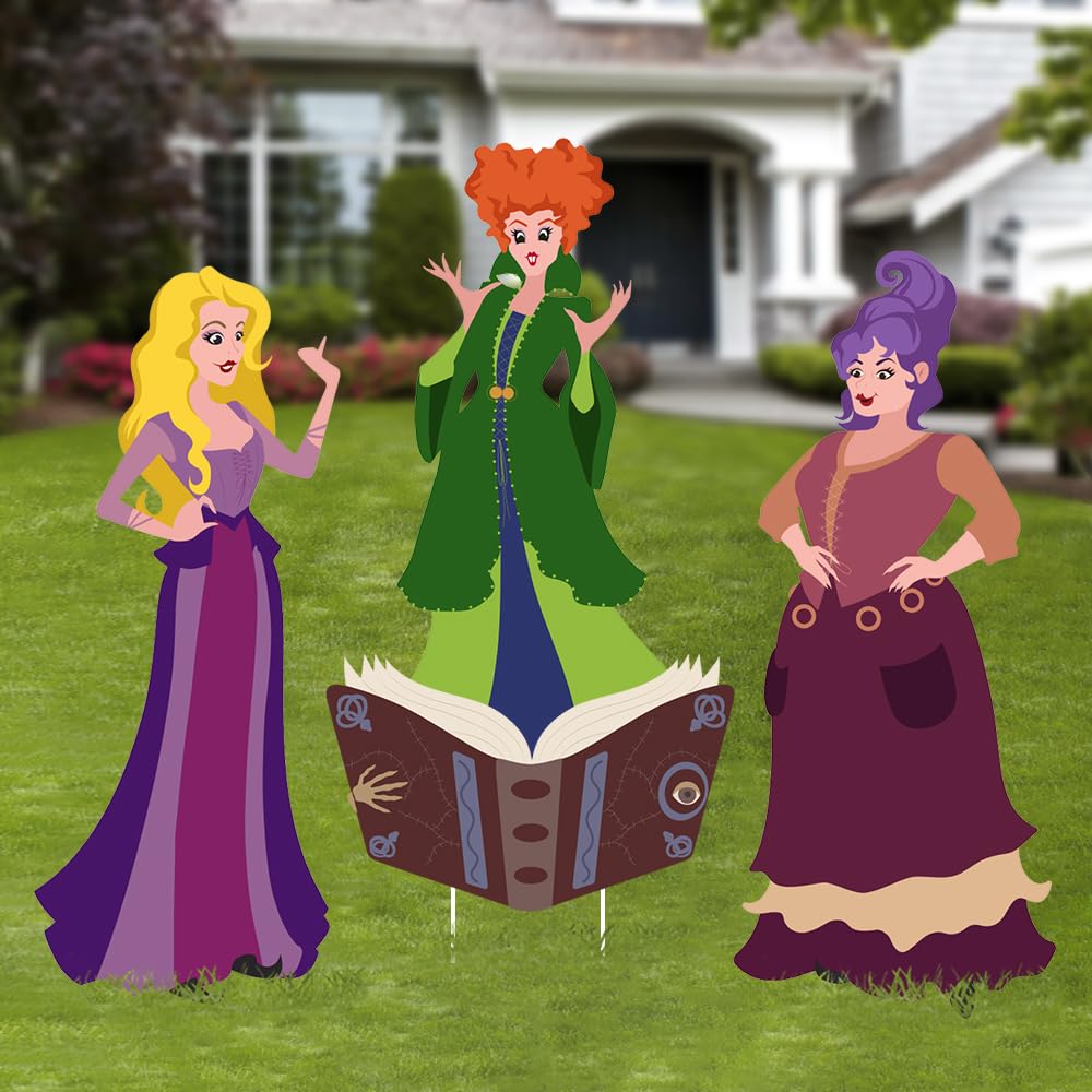 IvenfWitch Halloween Decorations Outdoor: 4ct Large Hocus Pocus Witches and Book of Spells Yard Signs with Stakes, Thick Corrugated Plastic, Cute Outside Halloween Decor for Kids Family Home School