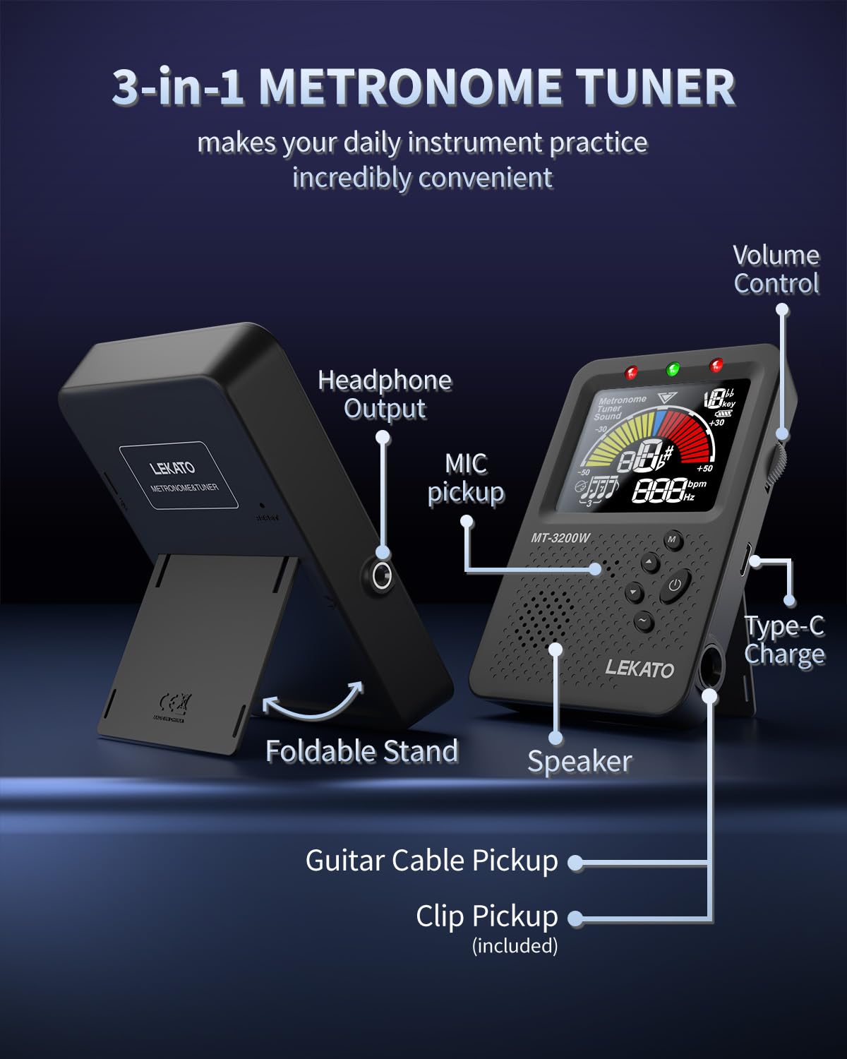 Accordatore metronomo, LEKATO accordatore metronomo digitale ricaricabile, Metronome Tuner per chitarra basso violino ukulele e strumenti a fiato, accordatore di precisione con display LCD (nero)