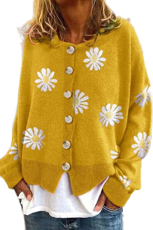 Daisy Cardigan Sweaters Womens Long Sleeve Flower Sweater Coat Aesthetic 90s Button Down Open Front Cardigan Jacket