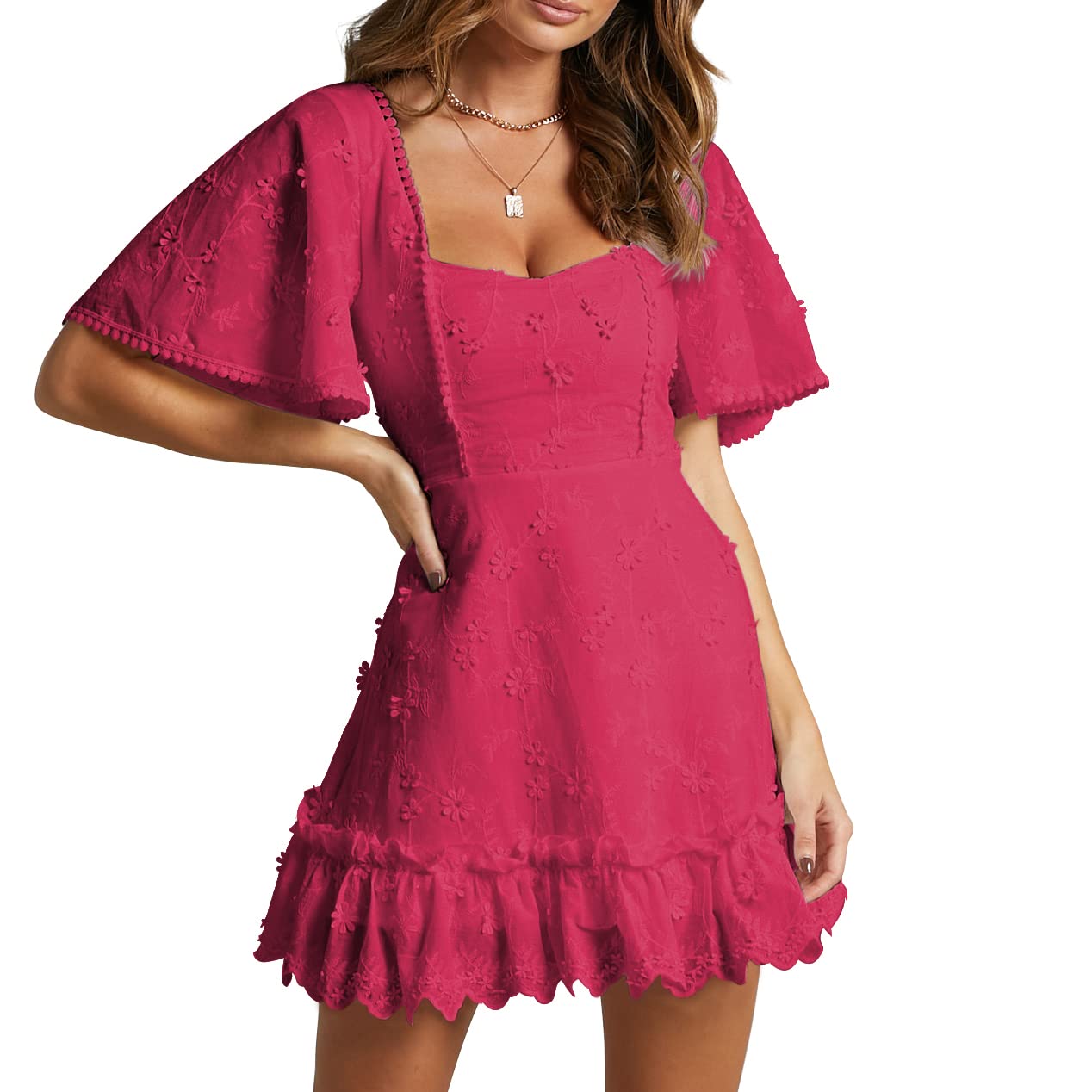 Shy Velvet Womens V-Neck 3/4 Ruffled Sleeve Blouses Shirts Fashion Chiffon Tops - Red - XX-Large