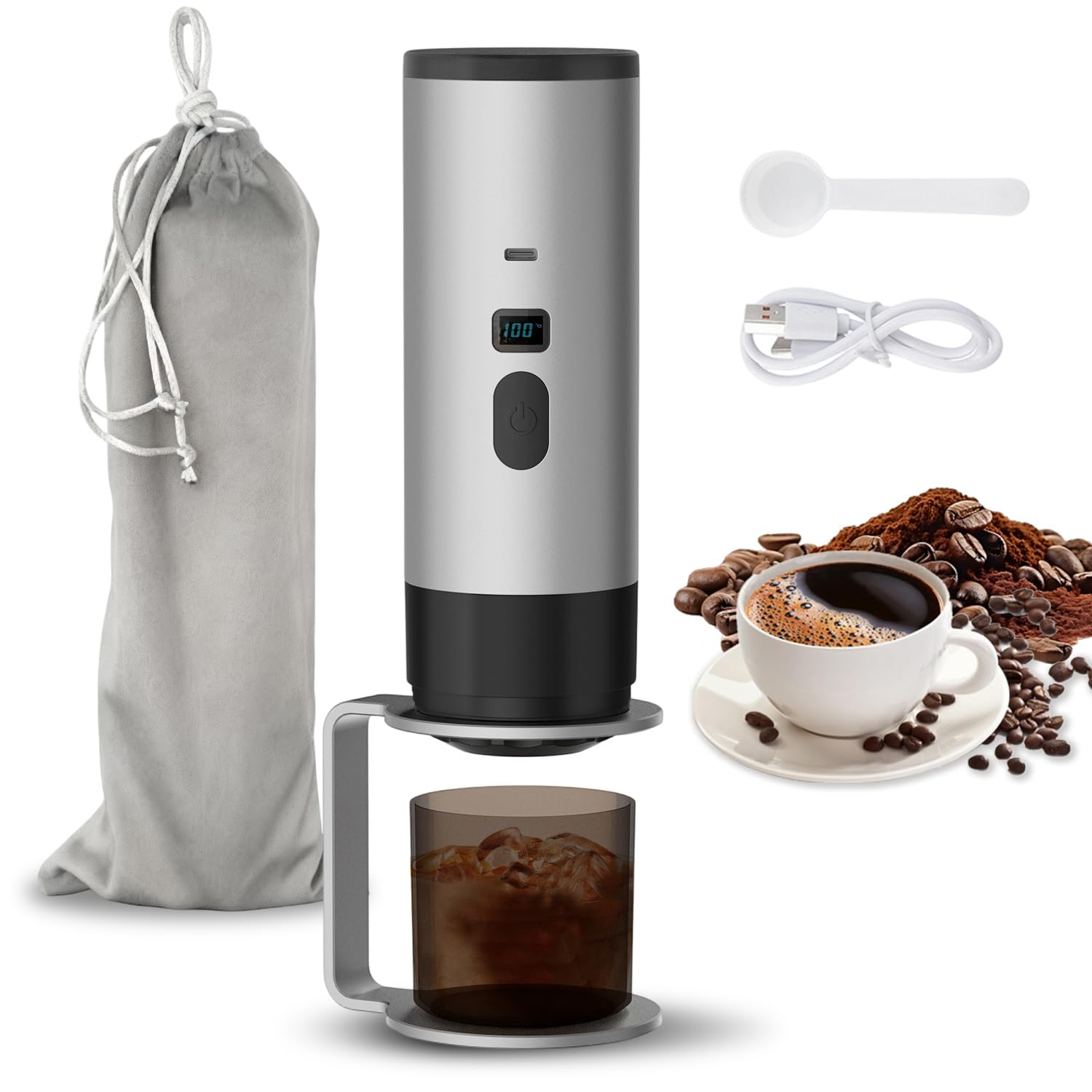Cafetera portátil 3 en 1 con batería, con soporte, máquina de café espresso con USB, compatible con cápsulas y café en polvo, calentamiento rápido de 3 minutos, para viajes, camping y familias