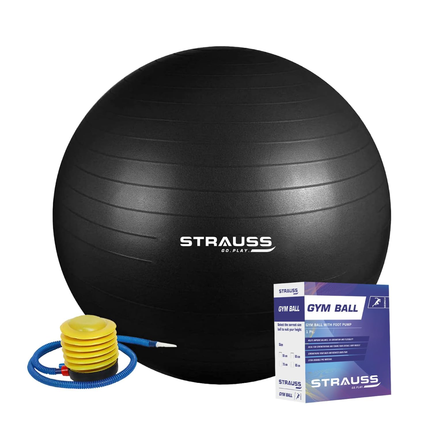 STRAUSS Anti-Burst Rubber Gym Ball with Free Foot Pump | Round Shape Swiss Ball for Exercise, Workout, Yoga, Pregnancy, Birthing, Balance & Stability, 75 cm, (Black)