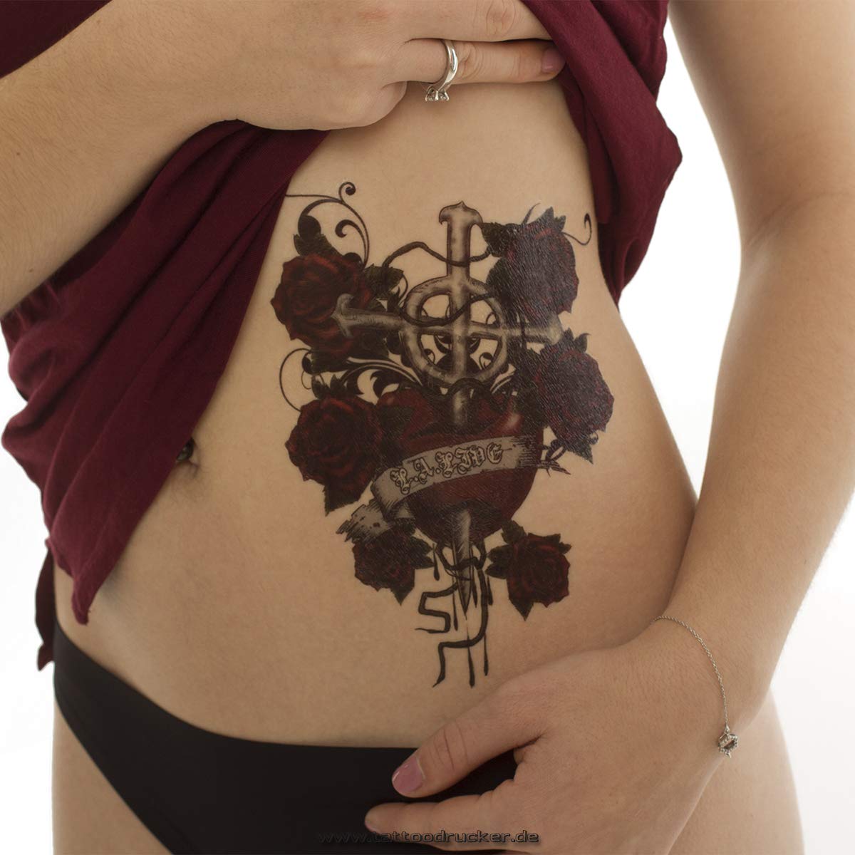 【Rosen Kreuz】RK TATOO INK TOPS 2 x Kreuz mit Rosen als buntes XL Tattoo - Äste Banner Herz - Body
