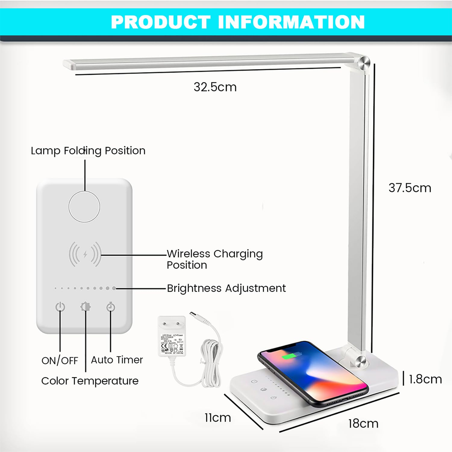Led-bureaulamp met draadloze oplader, 10 W, dimbaar, touchscreen, met kleur en 5 helderheidsniveaus, lamp met USB-poort, klok, nachtlampje, kleur lcd-licht voor slaapkamer, kantoor (wit