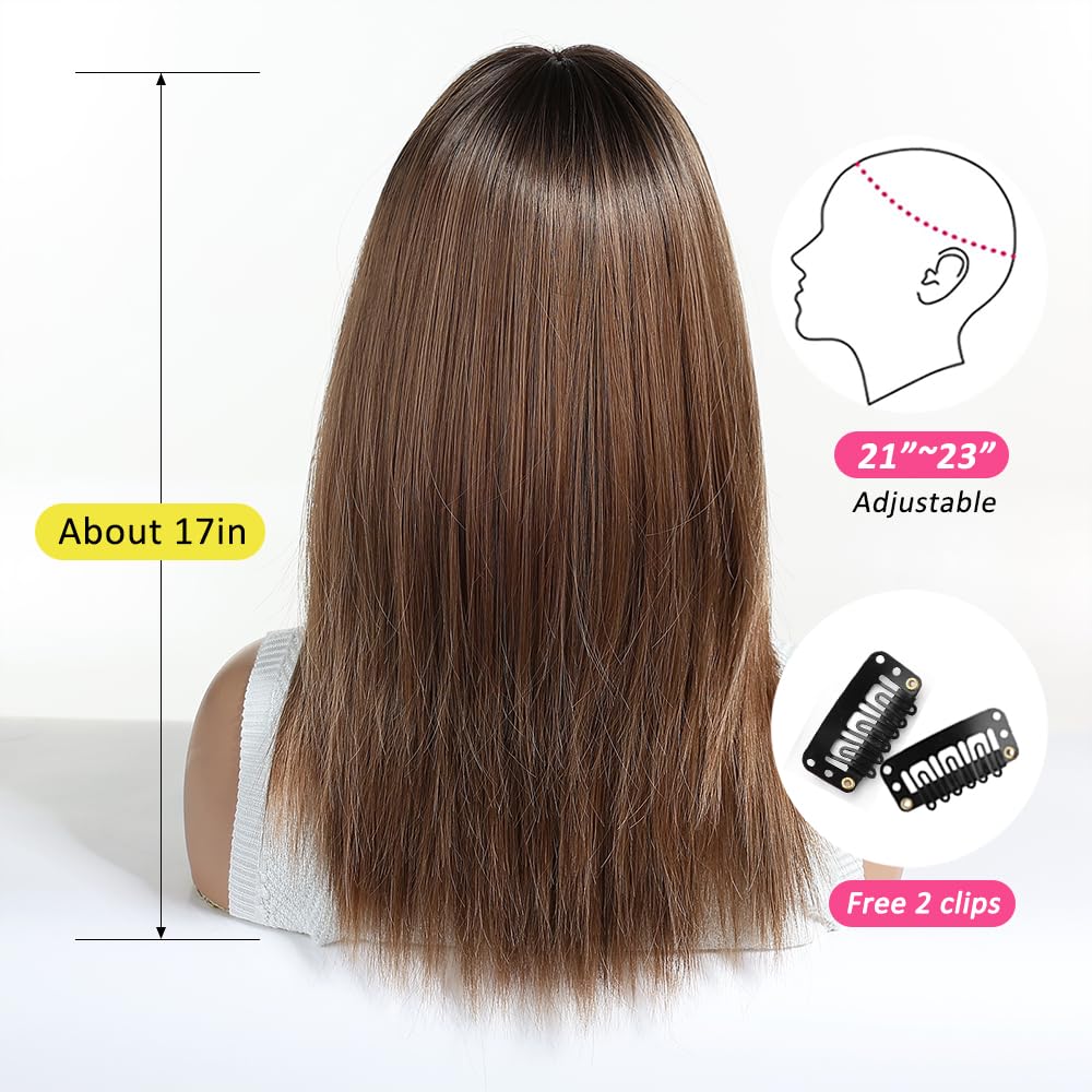 OUFEI Ombre Brown Wigs for Women Medium Length Long Straight Wig with Bangs Synthetic Hair Heat Resistant Wigs for Everyday Party Cosplay Wear - Image 4
