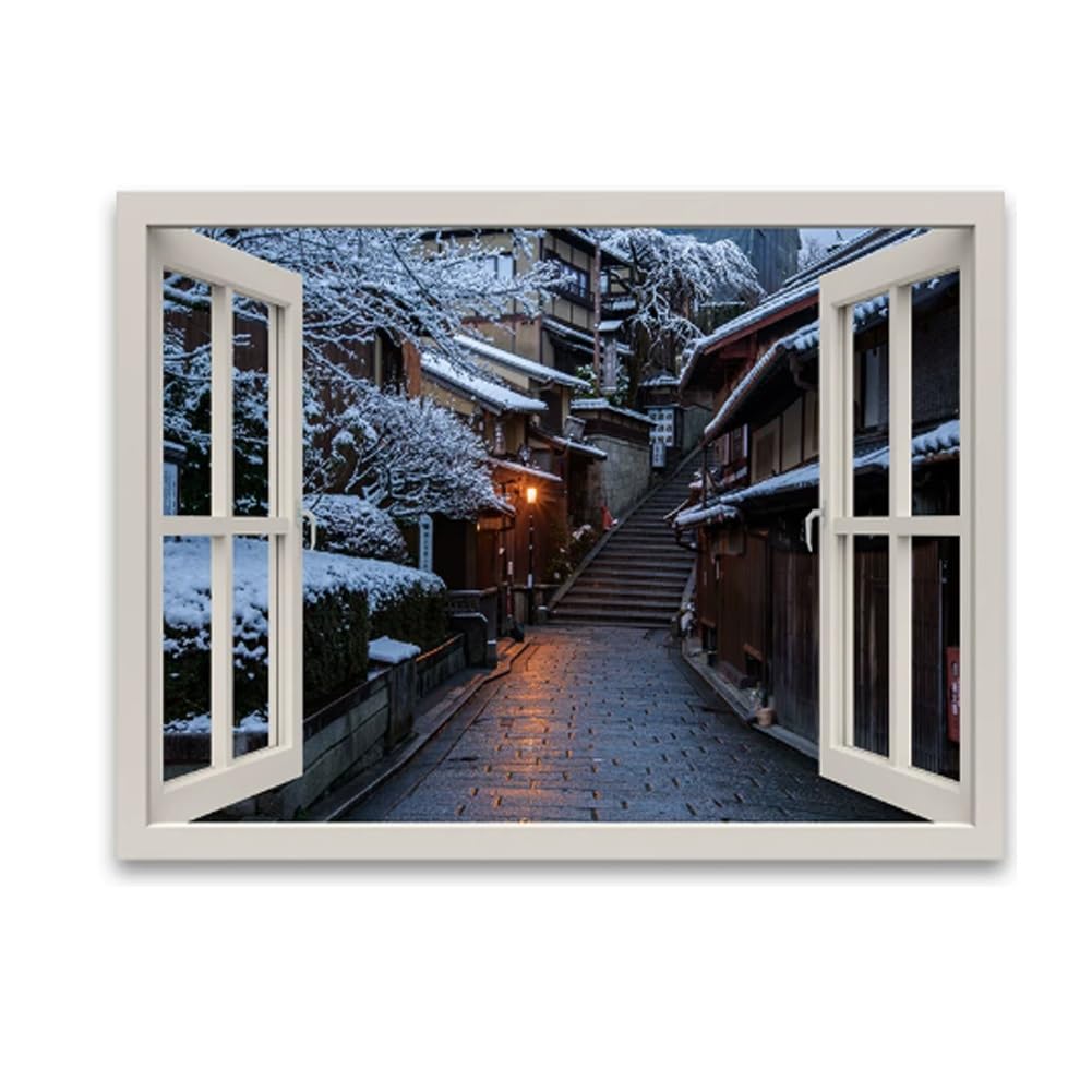 LED-hinterleuchtetes Wandbild In Fensteroptik, Gerahmter Leinwanddruck Mit Japanischer Landschaftsszenerie, Beleuchtete Wanddekoration Mit Naturmotiv Für Wohnzimmer(Multi-colored-L,90x60cm)